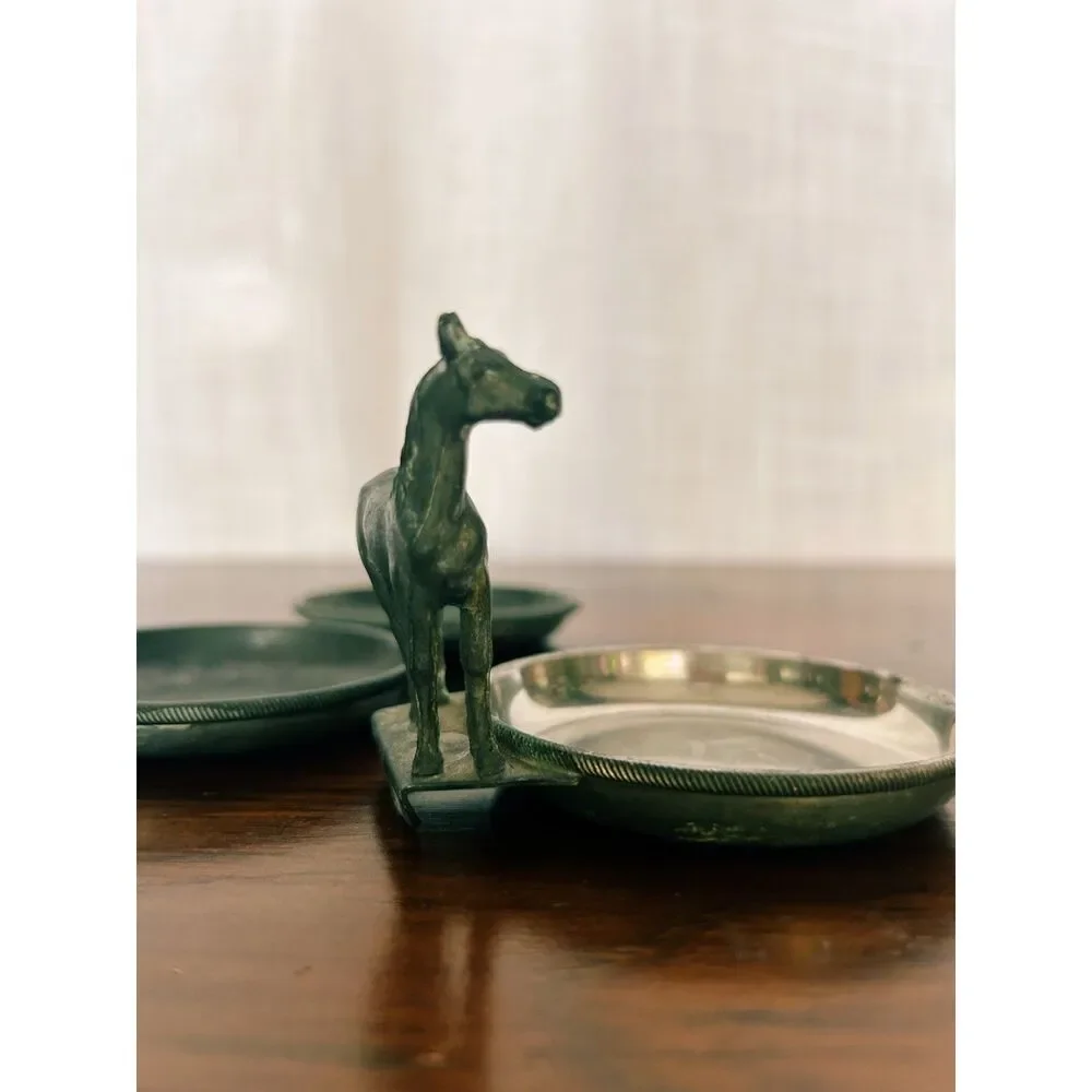 Vintage Genuine Pewter Equestrian Horse 3-Piece Coaster Stack Set